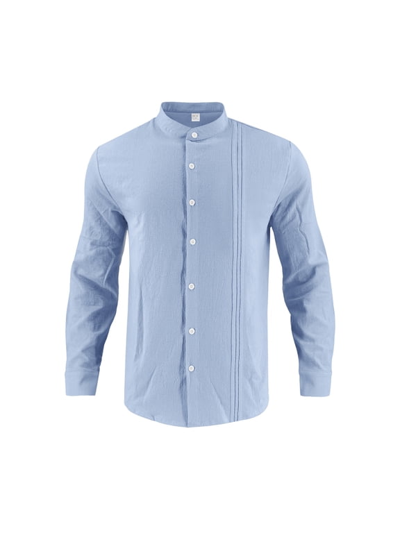 Men's Cotton Linen Shirts Button Down Ribbed Collarless Long Sleeve T-Shirt Spring Fall Lightweight Beach Tops