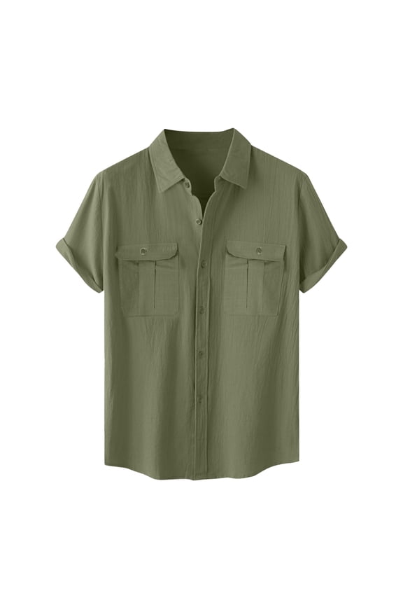 Men's Cotton Linen Short Sleeve Shirts Casual Button Down Shirt Beach Summer Tops with 2 Pockets