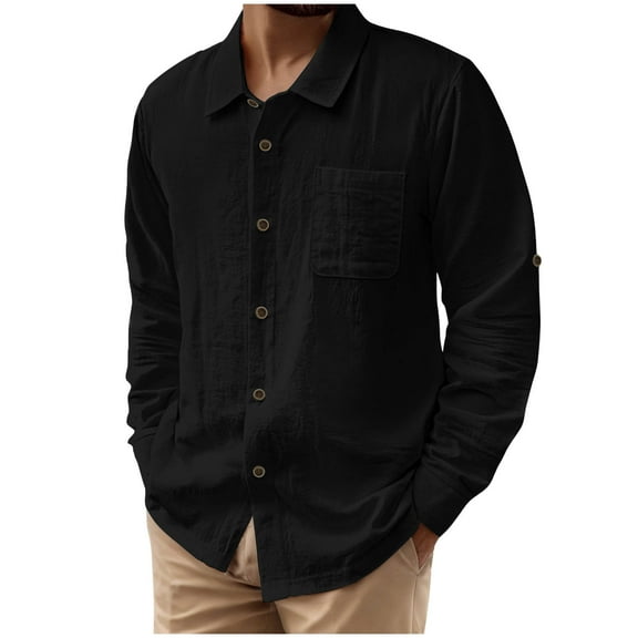 Generic Men's Cotton and Linen Shirts Long Sleeve Stand Collar Polo Shirts Button Down Lightweight Tshirt with Pockets