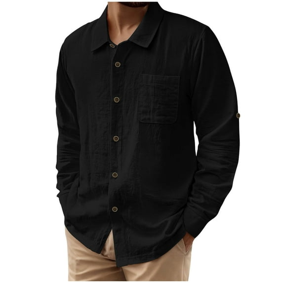 Generic Men's Cotton and Linen Shirts Long Sleeve Stand Collar Polo Shirts Button Down Lightweight Tshirt with Pockets