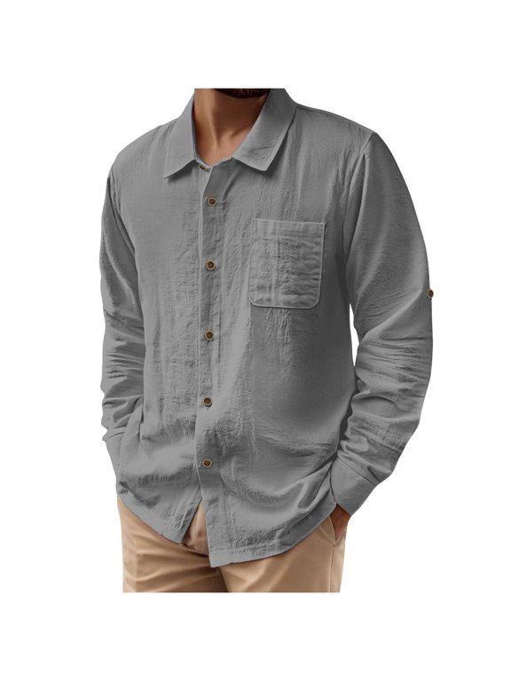 Men's Cotton and Linen Shirts Long Sleeve Stand Collar Polo Shirts Button Down Lightweight Tshirt with Pockets