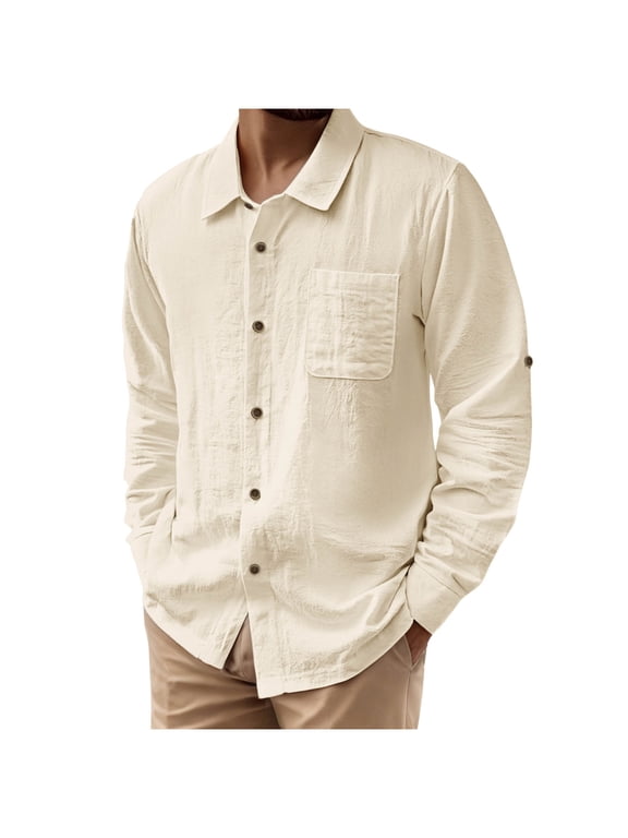 Men's Cotton and Linen Shirts Long Sleeve Stand Collar Polo Shirts Button Down Lightweight Tshirt with Pockets