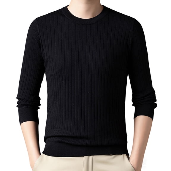Generic Men's Crew Neck Pullover Sweater Solid Vertical Stripes Casual Slim Long Sleeve Knitted Pullovers Top