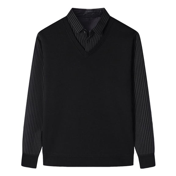 Generic Men's Fake-Two Pieces Sweaters Lapel Collar Knitted Long Sleeve Cozy Fall Winter Fleece Pullovers Jumper Tops