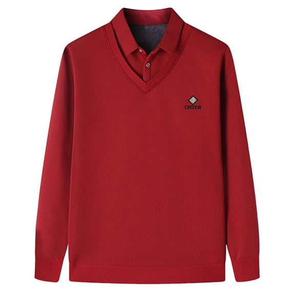 Generic Men's Fake-Two Pieces Sweaters Lapel Collar Knitted Long Sleeve Cozy Fall Winter Fleece Pullovers Jumper Tops
