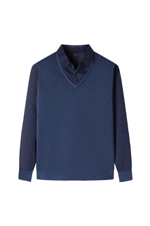 Men's Fake-Two Pieces Sweaters Lapel Collar Knitted Long Sleeve Cozy Fall Winter Fleece Pullovers Jumper Tops