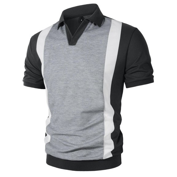Generic Men's Fashion Contrast Knit Shirts Casual Short Sleeve Striped Color Block Collared Shirt Vintage Slim Fit Tees