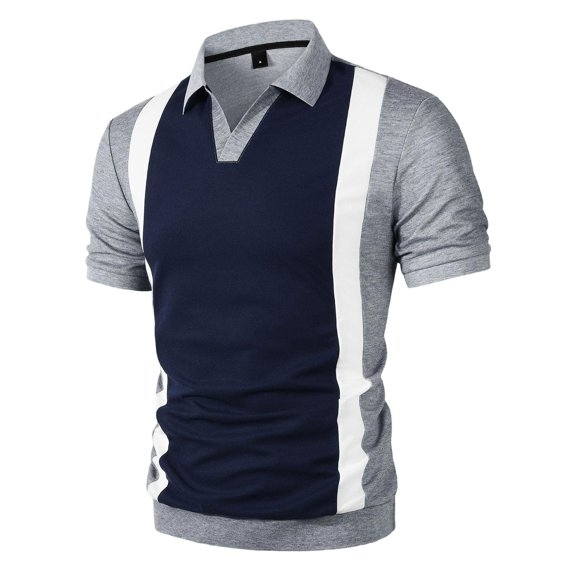 Generic Men's Fashion Contrast Knit Shirts Casual Short Sleeve Striped Color Block Collared Shirt Vintage Slim Fit Tees