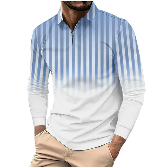 Generic Men's Fashion Polo Shirts Casual Classic Long Sleeve Striped Print Golf Shirts Color Block Cotton Tops