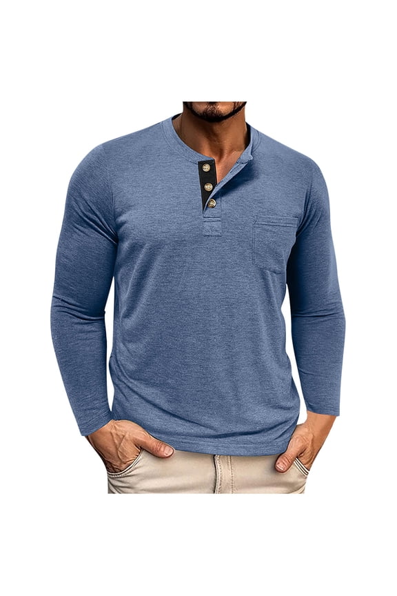Men's Henley Long Sleeve Shirts Casual Crewneck Button T-Shirt Lightweight Soft Stretch Tees Tops with Pocket