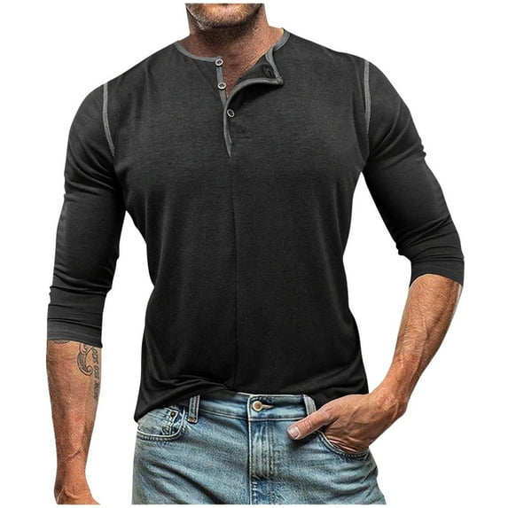 Generic Men's Henley Shirts Long Sleeve Casual Button T-Shirt Classic Fit Basic Lightweight Pullover Cotton Tees Fashion Tops