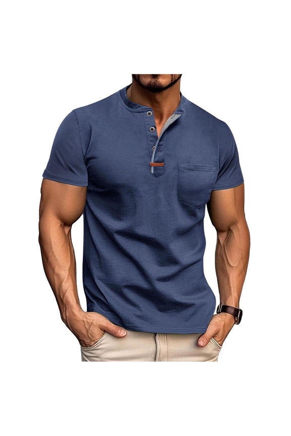 Men's Henley Shirts Short Sleeve Summer Casual Vintage Lightweight Slim Fit Basic Button T-Shirt with Pocket