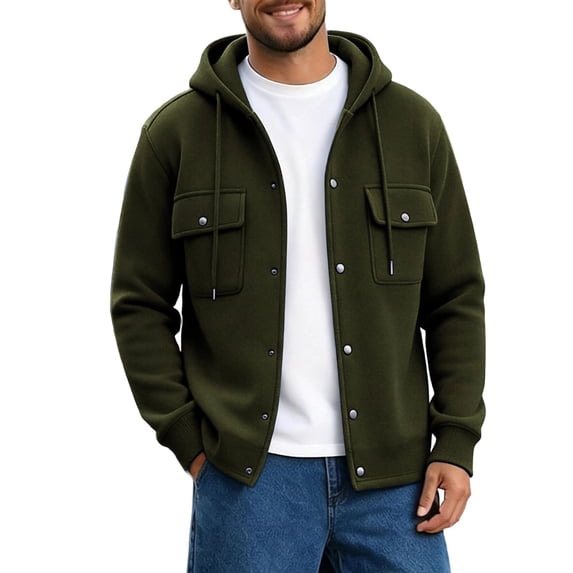 Generic Men's Hooded Snap Button Sweatshirt Jacket, Long Sleeve Casual Shacket With Flap Chest Pockets, Ribbed Cuffs Hem Drawstring Hood Fleece Outerwear Army Green,L