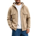 thumbnail image 1 of Generic Men's Hooded Snap Button Sweatshirt Jacket, Long Sleeve Casual Shacket With Flap Chest Pockets, Ribbed Cuffs Hem Drawstring Hood Fleece Outerwear Khaki,XL, 1 of 7
