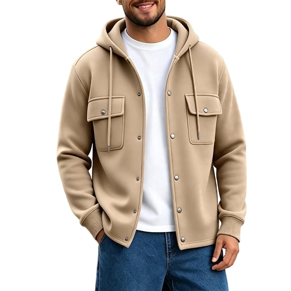 Generic Men's Hooded Snap Button Sweatshirt Jacket, Long Sleeve Casual Shacket With Flap Chest Pockets, Ribbed Cuffs Hem Drawstring Hood Fleece Outerwear Khaki,XL