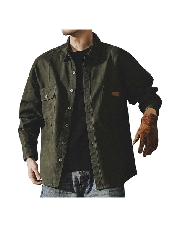 Men's Long Sleeve Cotton Work Shirt Casual Loose Fit Button Down Shirts with 2-Pocket for Outdoor Safari