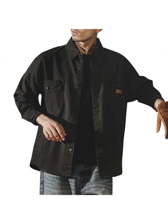 Men's Long Sleeve Cotton Work Shirt Casual Loose Fit Button Down Shirts with 2-Pocket for Outdoor Safari