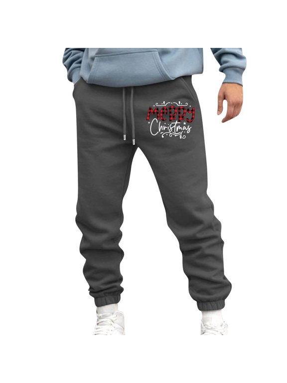 Men’s Merry Christmas Print Sweatpant Fashion Elastic Waist Drawstring Gym Workout Jogging Pants with Pockets