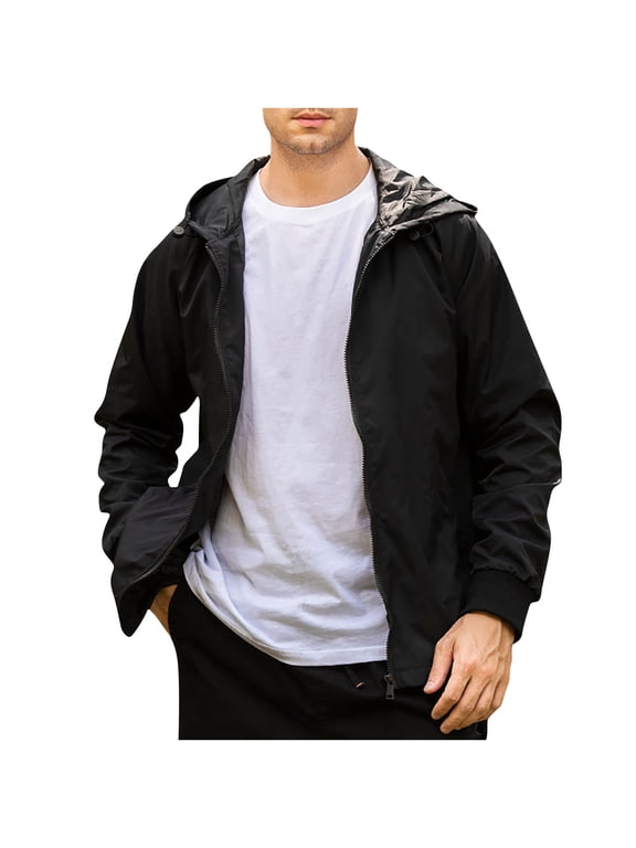 Men's Outdoor Hooded Jacket Lightweight Casual Spring Fall Mountaineering Camping Windbreaker Zip Up Coat with Pocket