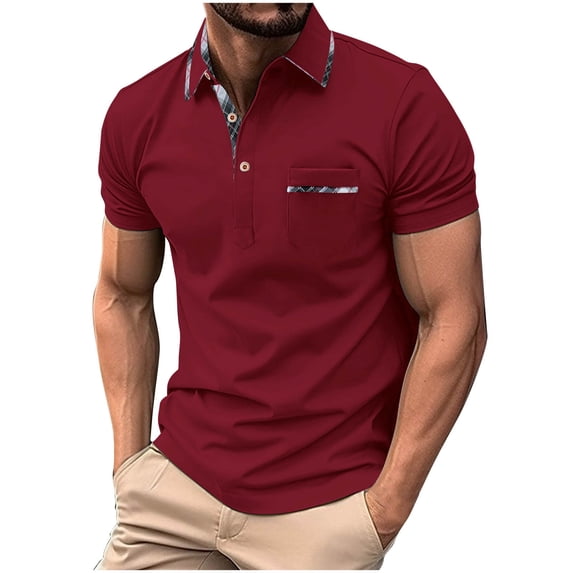 Generic Men's Plaid Collar Polo Shirt Short Sleeve Button Down Golf Shirts Pocket Casual Business Work Office Summer Dress Tops