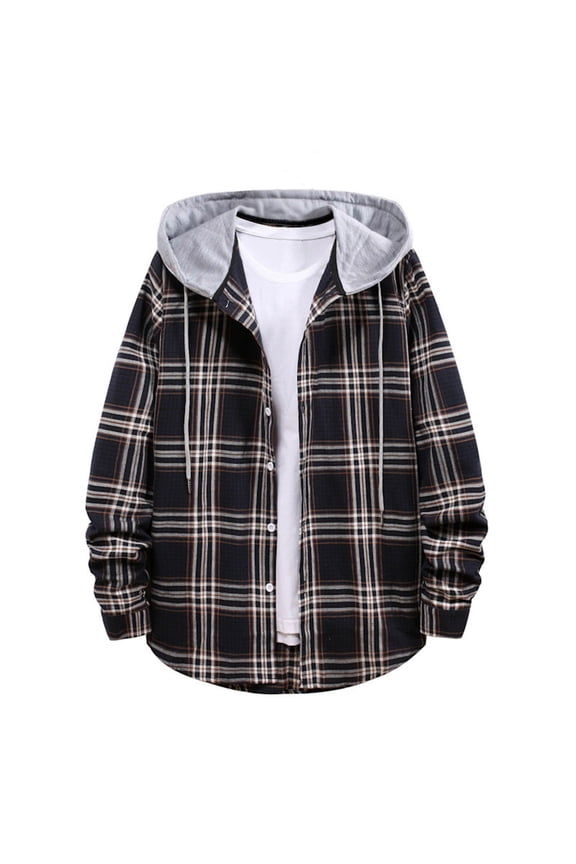 Men's Plaid Hooded Flannel Shirts Casual Button Down Long Sleeve Lightweight Outwear Shirt Fall Shacket Jackets