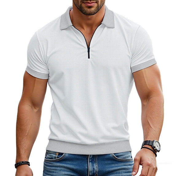 Generic Men's Quarter Zip Golf T-Shirts Versatile Solid Summer Short Sleeve Pullovers Business Casual Collared Tee Tops