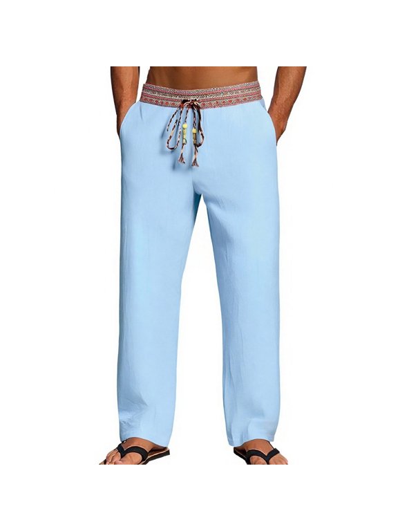 Men's Retro Pants Cotton Linen High Waist Graphic Drawstring Straight Leg Trousers Loose Comfy Lightweight Streetwear