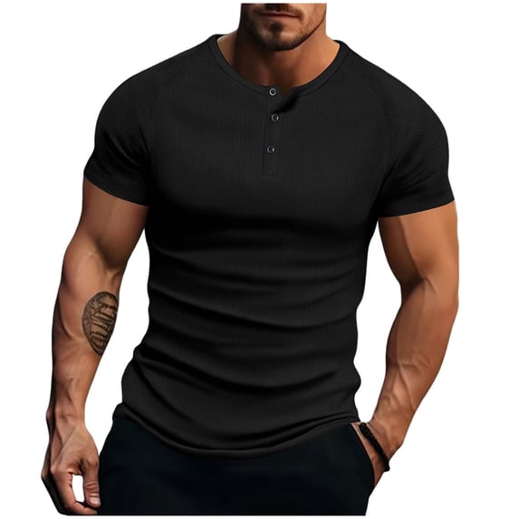 Generic Men's Ribbed Henley Tshirts Casual Crewneck Short Sleeve T-Shirt Gym Workout Athletic Shirt Tees with Button