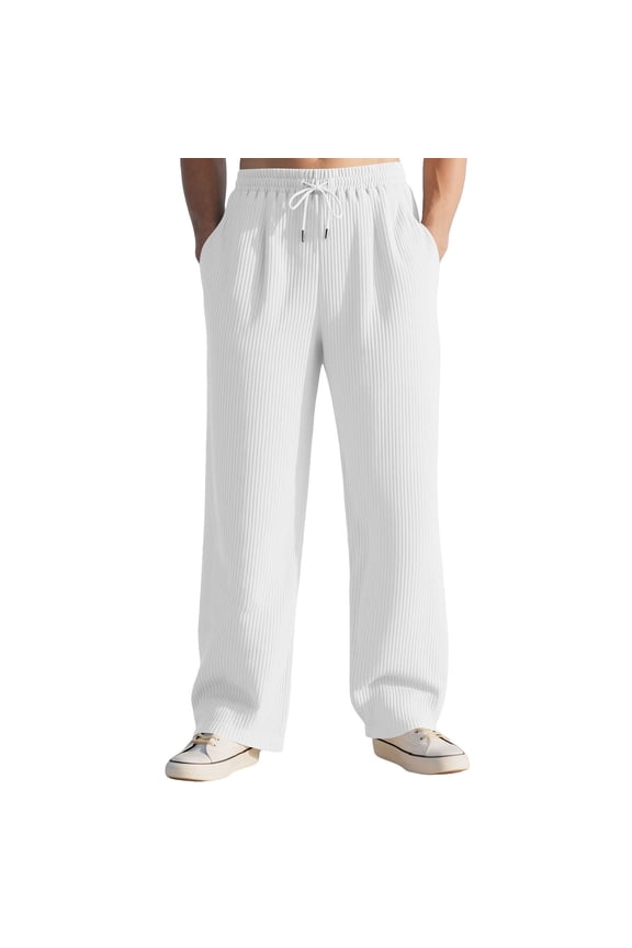 Men's Ribbed Knit Lounge Pajama Pants Drawstring Straight Long Pants Loose Fit Comfort Trousers Workout with Pockets