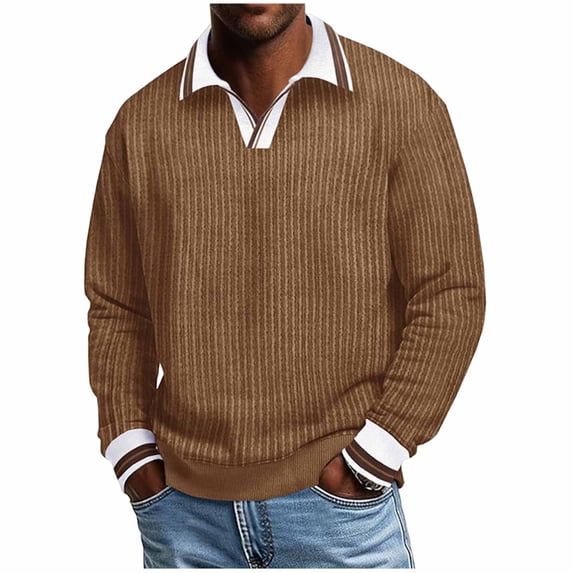 Generic Men's Ribbed Long Sleeve Polo Shirts V-Neck Textured Solid Color Pullover Casual Corduroy Texture Sweatshirt