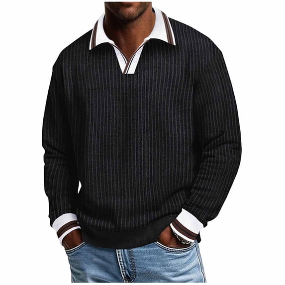 Generic Men's Ribbed Long Sleeve Polo Shirts V-Neck Textured Solid Color Pullover Casual Corduroy Texture Sweatshirt