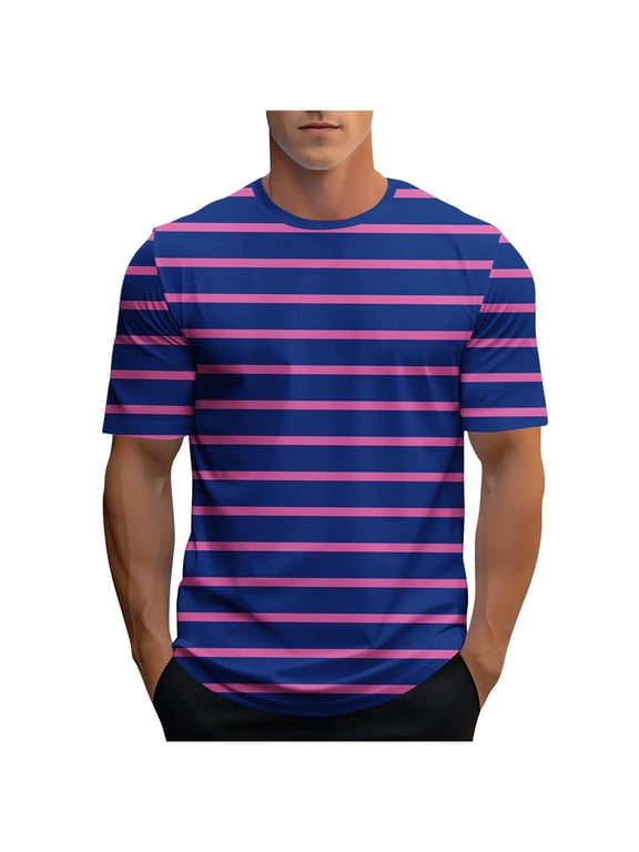Men's Short Sleeve Crewneck Striped T-Shirt Casual Soft Elastic Cotton Tees