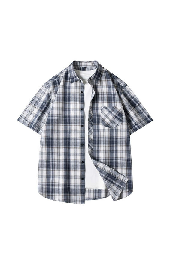 Men's Short Sleeve Shirt Plaid Flannel Button Down Casual Vest Shirts with Pockets