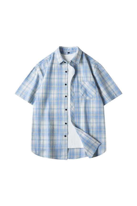 Men's Short Sleeve Shirt Plaid Flannel Button Down Casual Vest Shirts with Pockets