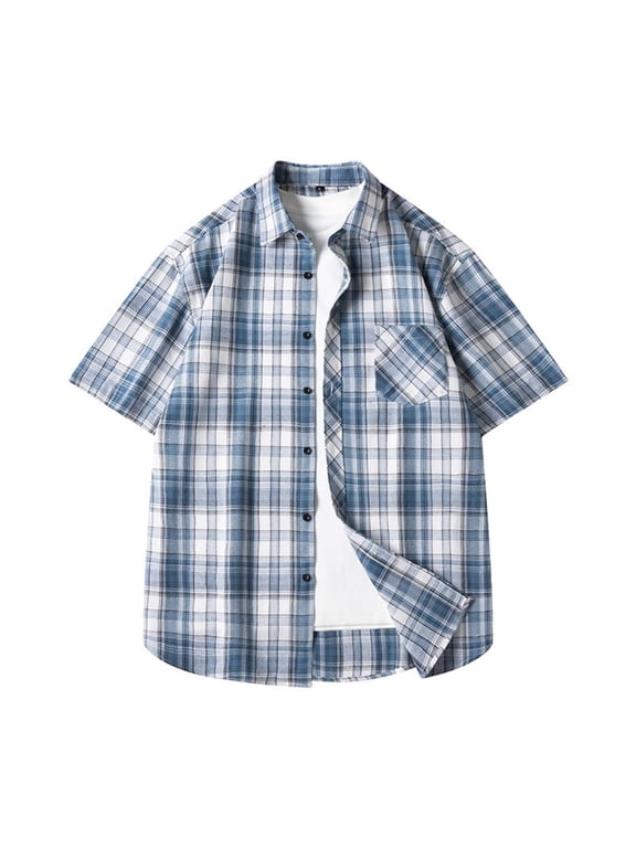 Men's Short Sleeve Shirt Plaid Flannel Button Down Casual Vest Shirts with Pockets
