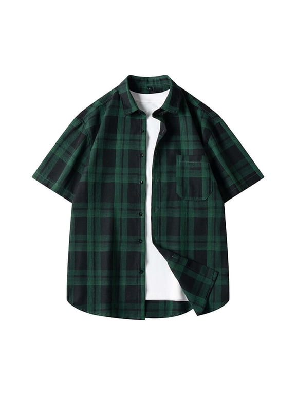Men's Short Sleeve Shirt Plaid Flannel Button Down Casual Vest Shirts with Pockets