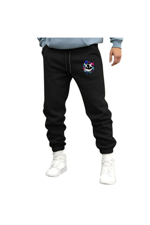 Men's Smiley Face Print Sweatpants Fleece Joggers Tapered Running Exercise Pants Athletic Trousers with Pockets