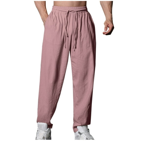 Generic Men's Solid Color Pants Casual Straight Wide Leg Pants with Pockets Elastic Waist Lightweight Lounge Trousers