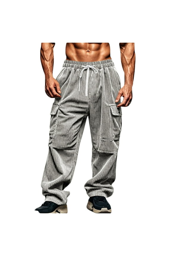 Men's Solid Corduroy Pants Drawstring Cargo Sweatpants Trendy Straight Leg Pants Drawstring Trousers Soft Pants