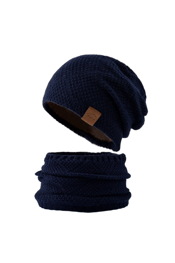 Men's Stretchy Knitted Beanie Hat with Scarf Winter Warm Fleece Lined Skull Cap and Neck Warmer Circle Loop Scarf