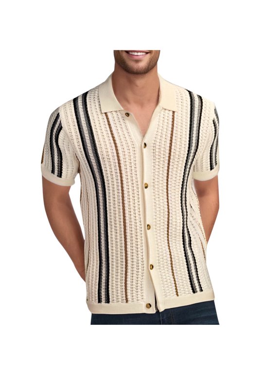 Men's Striped Crochet Button Down Shirts Hollow Out Half Sleeve Collared Knit Tops