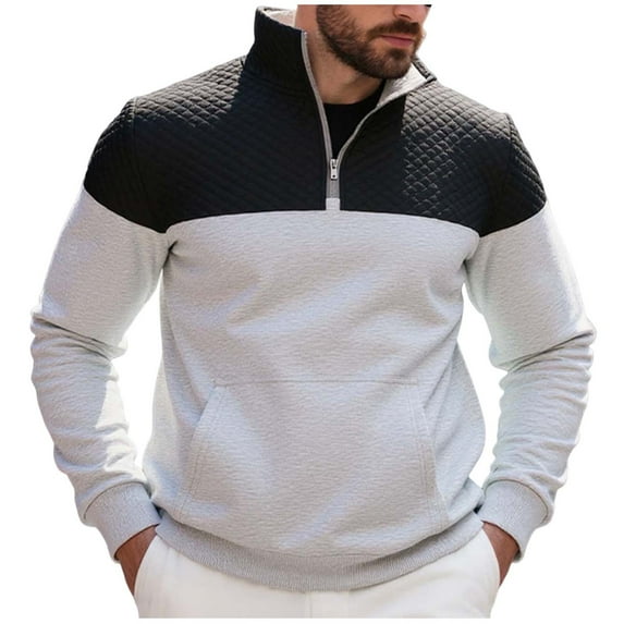 Generic Men's Stylish Quarter Zip Pullover Long Sleeve Casual Color Block Sweatshirt Lightweight Mock Neck Polo Sweater