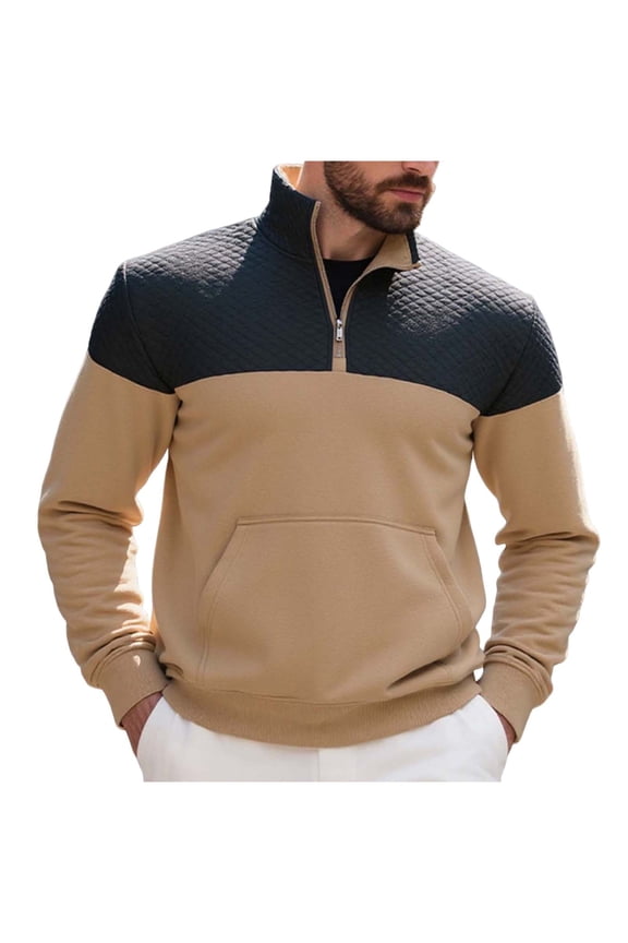 Men's Stylish Quarter Zip Pullover Long Sleeve Casual Color Block Sweatshirt Lightweight Mock Neck Polo Sweater