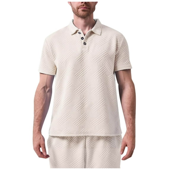 Generic Men's Textured Knit Polo Shirt Solid Color Short Sleeve Button Shirts Regular Fit Stretch Collared Summer T Shirts