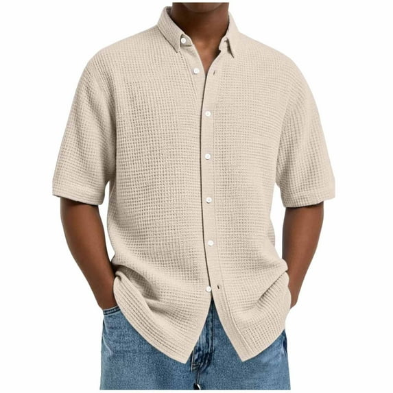 Generic Men's Waffle Button Down Shirt Lightweight Loose Short Sleeve Shirts Summer Business Casual Stylish Lapel Shirts