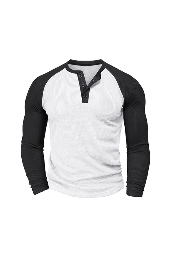 Men's Waffle Henley Shirts Casual Round Neck Long Sleeve Stretch Blouse Trendy Color Block Button Down Pullover Tops