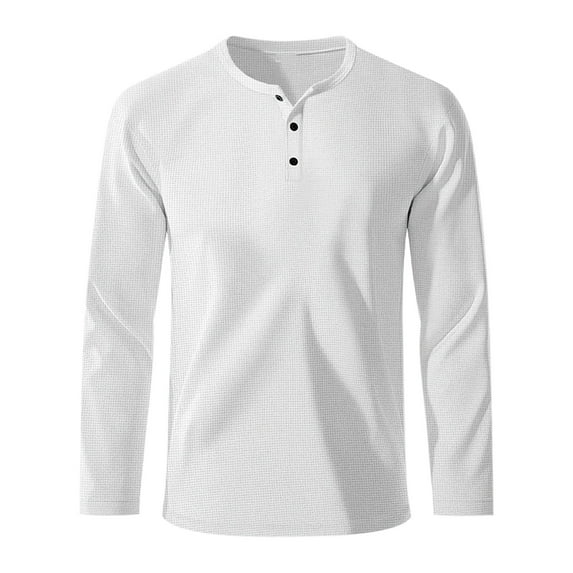 Generic Men's Waffle Knit Henley Shirts Casual Long Sleeve Crewneck Tops Loose Fit Solid Color Button up Blouses