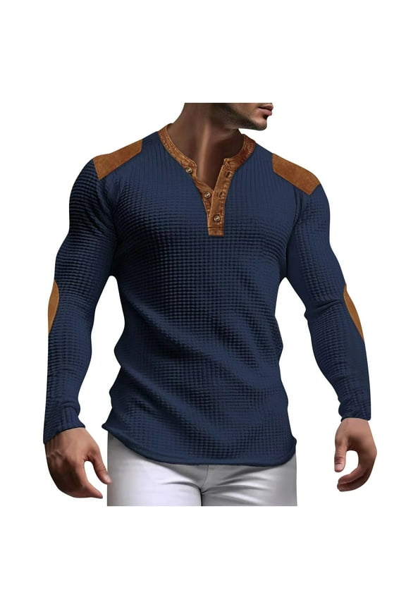 Men's Waffle Sweatshirt Patched Elbow Shoulder Lapel Button Down Plaid Outdoor 2024 Pullover Top