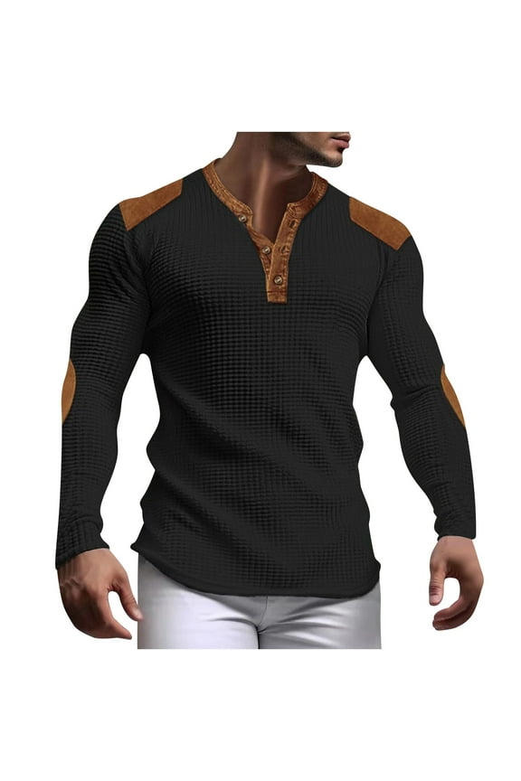 Men's Waffle Sweatshirt Patched Elbow Shoulder Lapel Button Down Plaid Outdoor 2024 Pullover Top