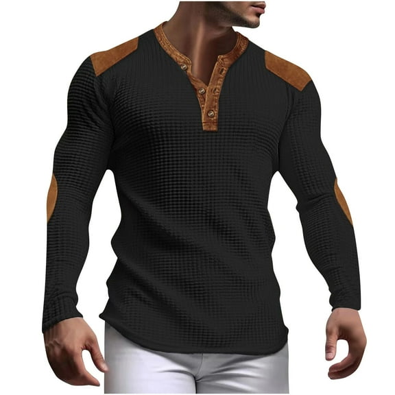Generic Men's Waffle Sweatshirt Patched Elbow Shoulder Lapel Button Down Plaid Outdoor 2024 Pullover Top